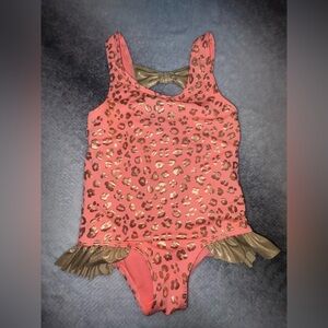 (B4) NWOT Penelope Mack Girls Coral Pink Orange Gold Animal Print Swimsuit  6